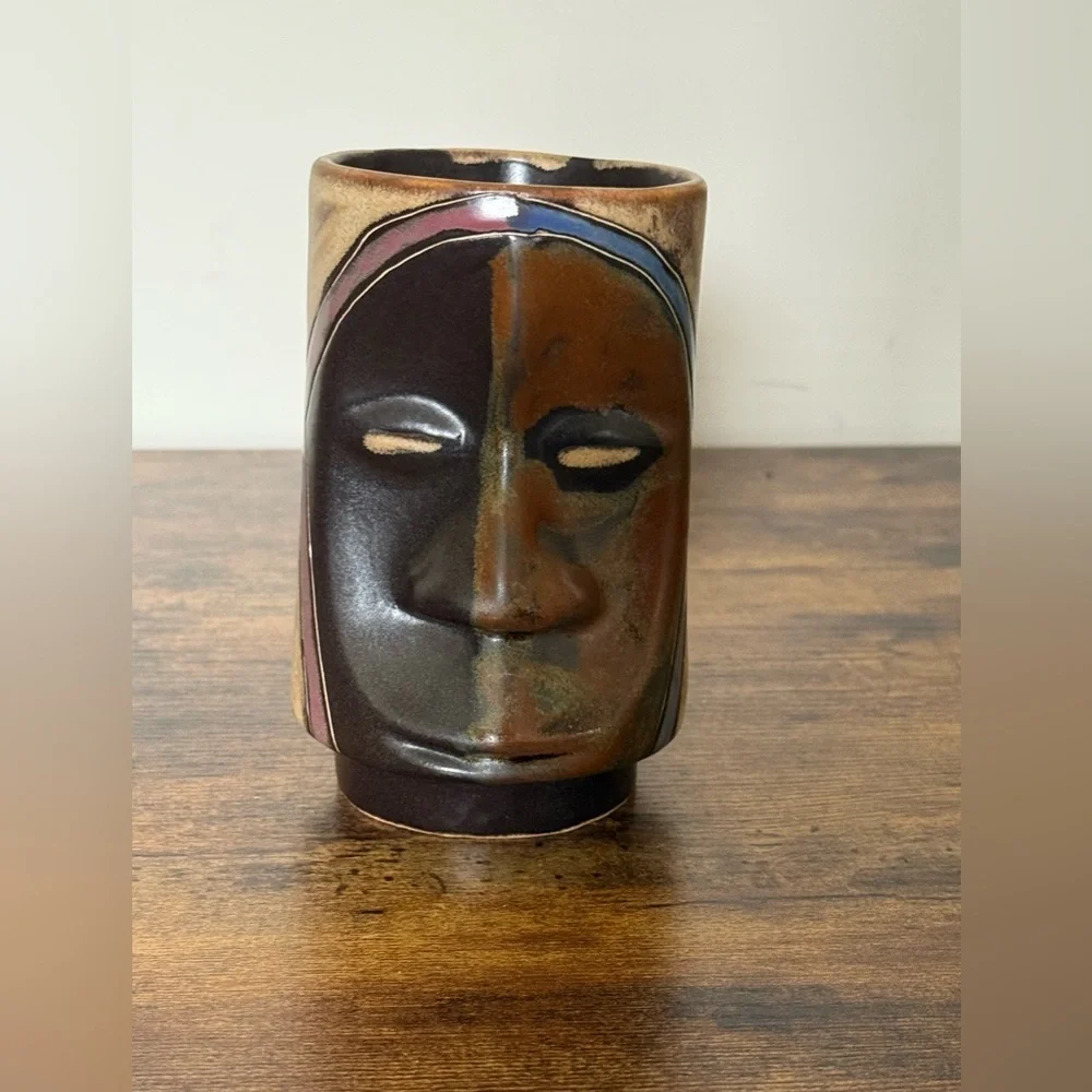 Mara Stoneware Sculpted Stein Mug  Dark Mask Design Handmade in Mexico